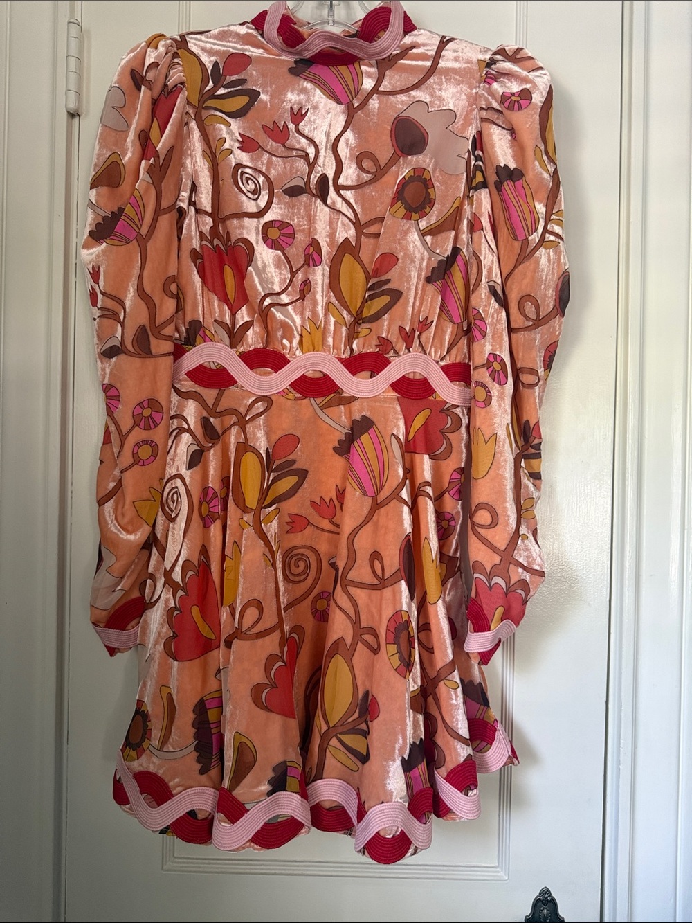 Brand new CeliaB Peach Floral Velvet Long Sleeve Mini Dress with Pink Accents